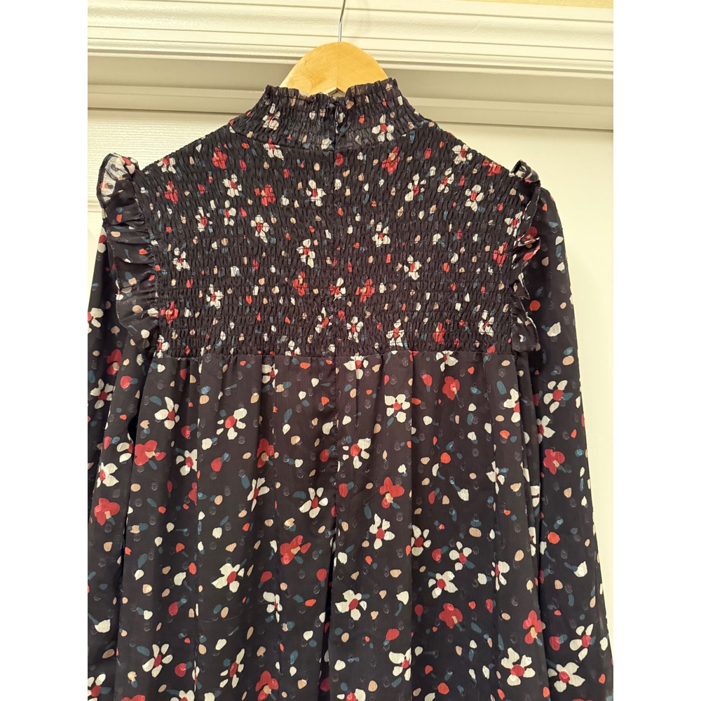 Paper Parachute Dress Womens XS Navy Floral Smocked Mock Neck Ruffle Tiered Midi - Picture 10 of 10